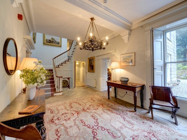 Entrance Hall, Chandelier, Sweeping Staircase-Burncoose House 