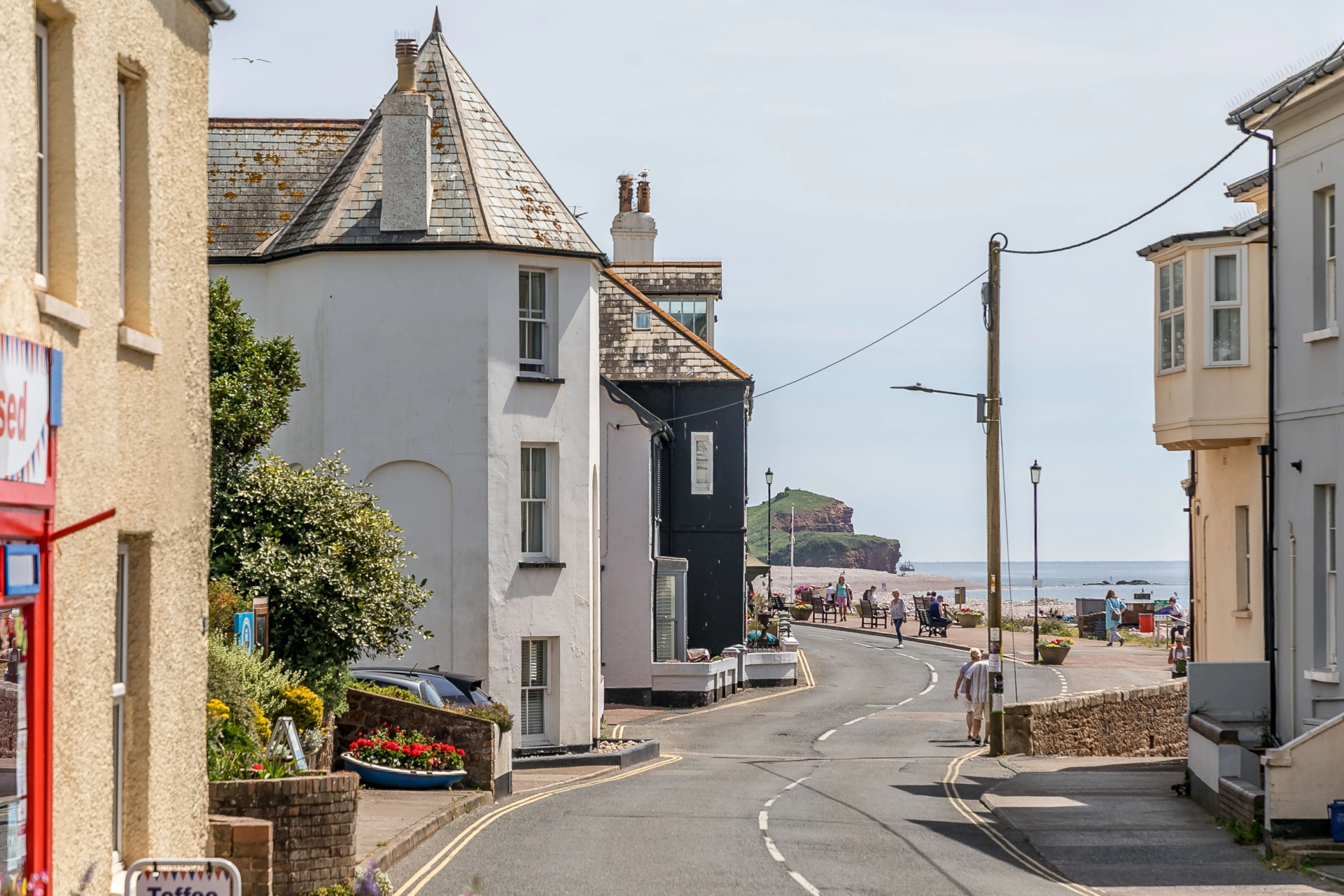 View down to the beach from the high street in Budleigh Salterton, East Devon holiday cottages