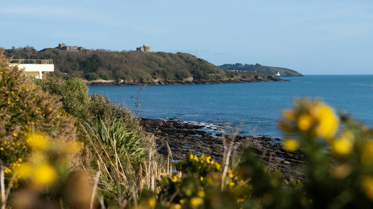 View across the sea towards Pendennis Castle on Pendennis Point in Falmouth, Cornwall