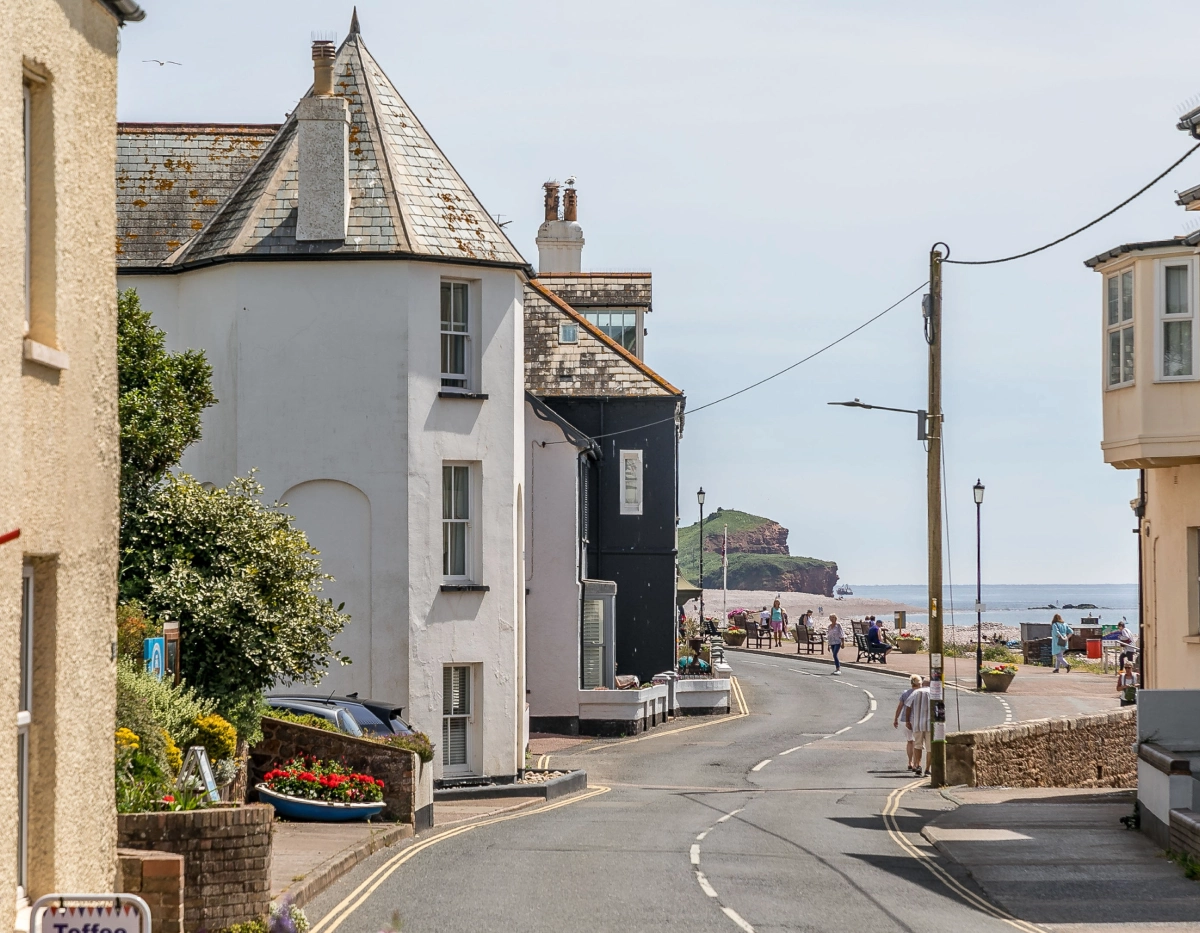 Looking down the street towards the beach in Budleigh Salterton, Devon