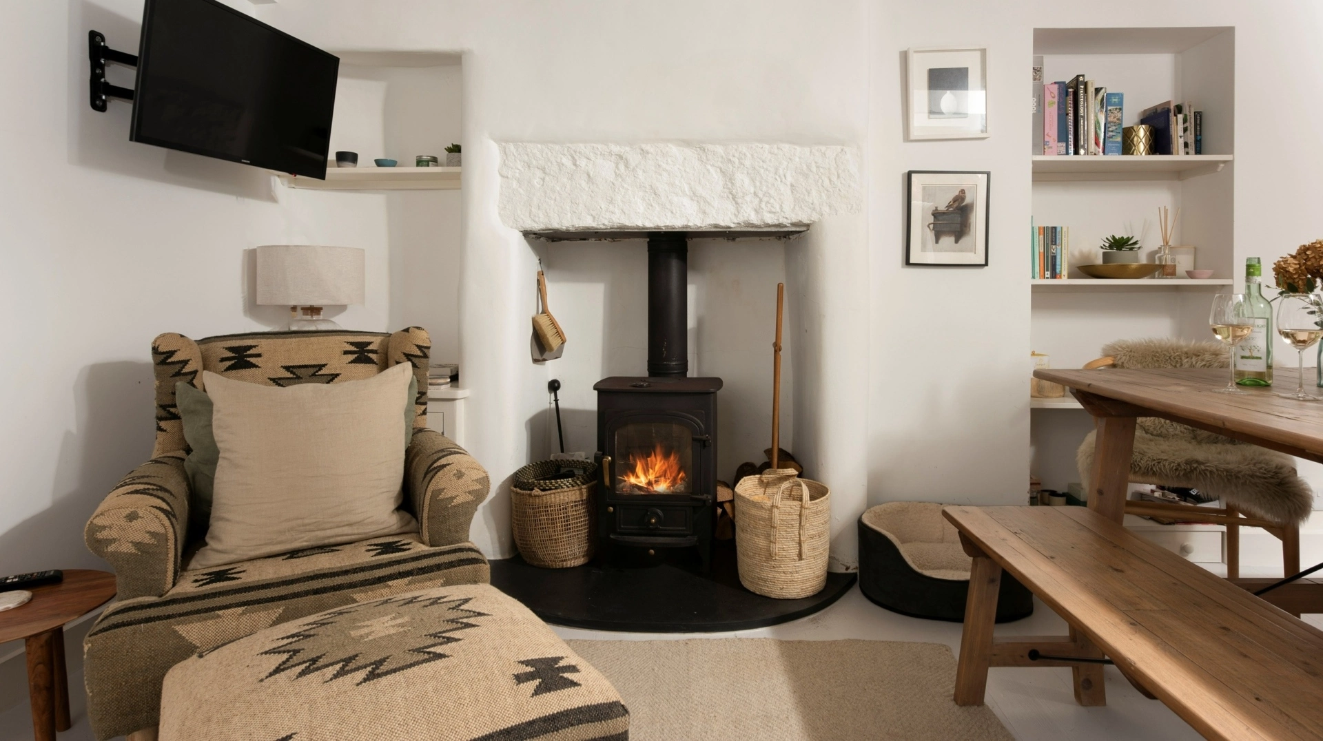 Keep cosy round the wood burner at 8 Millpond seaside cottage in Mousehole, Cornwall