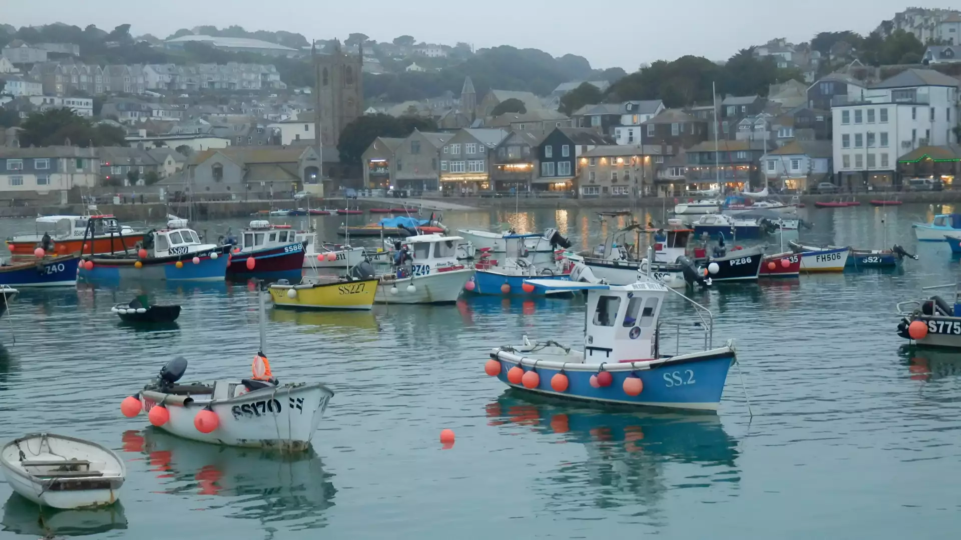 St Ives Harbour looking magical and festive with lights on the water